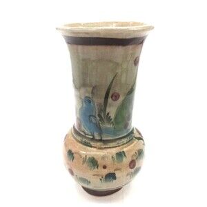 Vintage Tonala Mexican Pottery 9" Green Vase With Blue Bird Signed